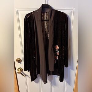 Embroidered Velvet Kimono Jacket Floral Boho Open Front Black Draped Cardigan”